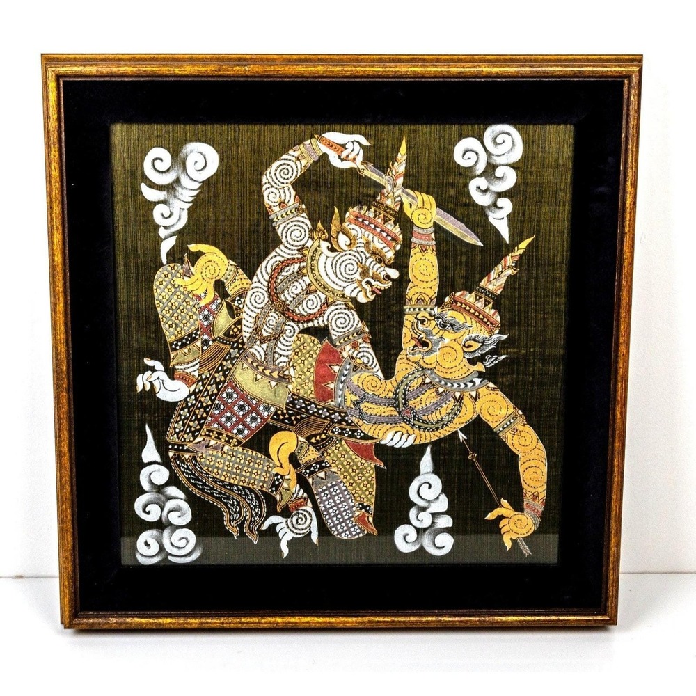 Thai Silk Painting Hanuman Ramakien Framed Wall Art Mid Century Vintage Velvet